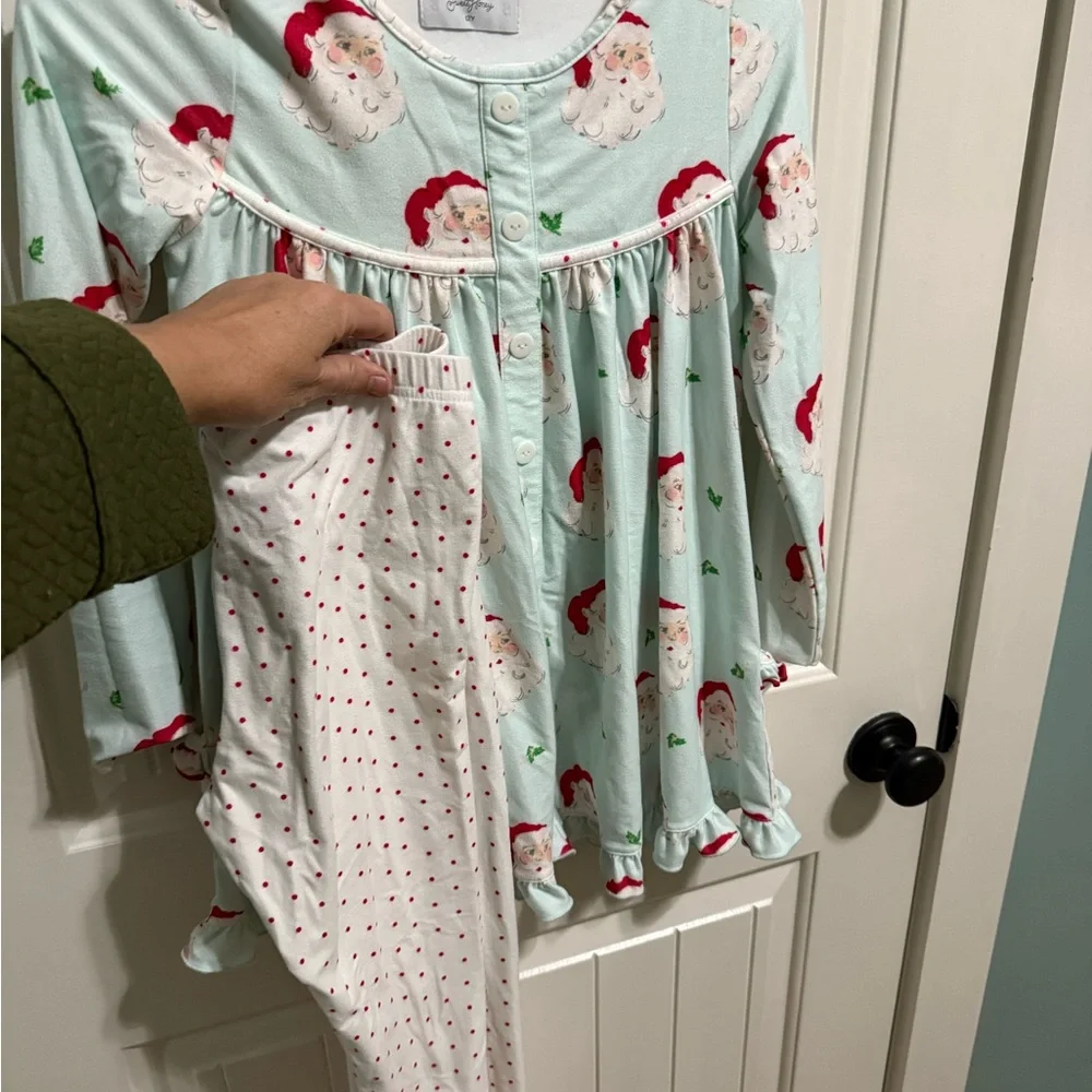 SweetHoney Santa Print Pajama Set - Mint Green and White. Siblings sets posted. - Picture 1 of 5